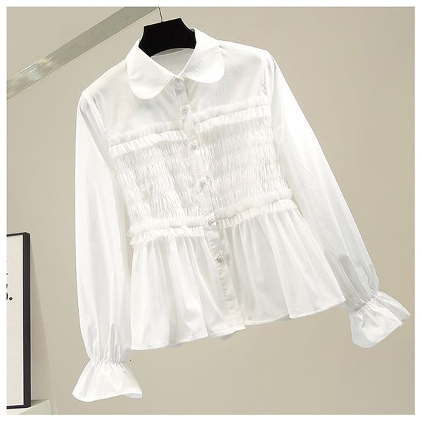 

fashion double-layer slices plied elastic waistband wife 2021 new spring chic ladies white blouse nyk8, Black