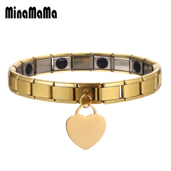 

link, chain stainless steel stretch heart charm bracelet elastic health germanium power energy for woman men jewelry gift, Black
