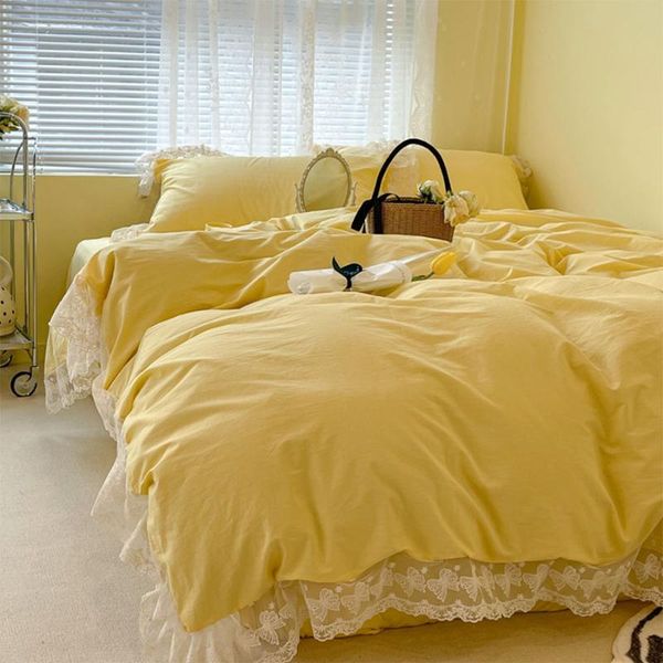 

bedding sets fairyfair lace yellow solid set girl,single double cotton twin full  home textile bed sheet pillow case duvet cover