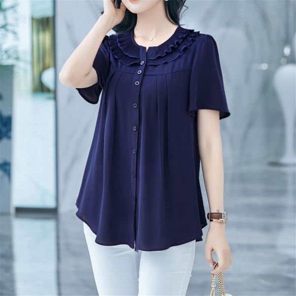 

women blouses shirts basic selling button solid summer short sleeve shirt female chiffon womens slim clothing plus size, White
