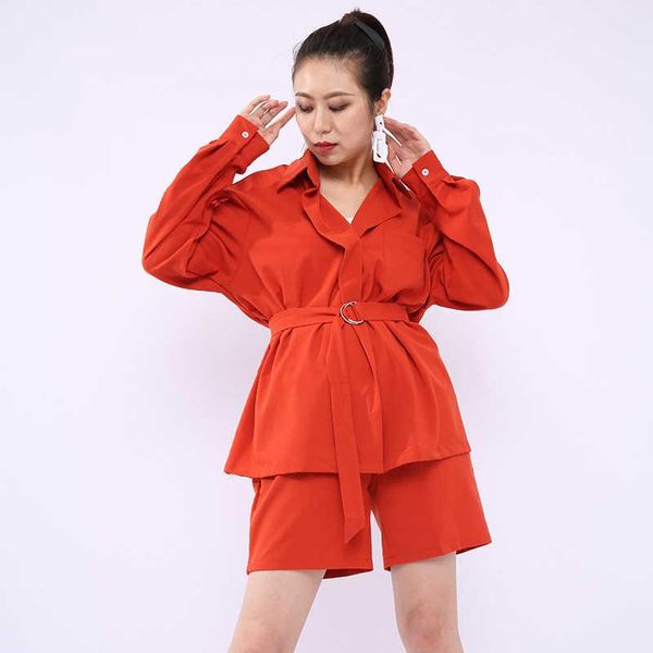 

women's tracksuits [ewq] wide leg shorts belt chic womens set 2021 summer yellow clothing two piece single button long sleeve shirts, Gray