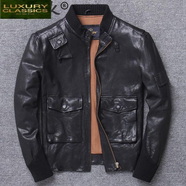 

men's leather & faux men real jacket clothes 2021 streetwear fashion mens sheepskin short coat slim fit 4xl genuine coats 1719, Black