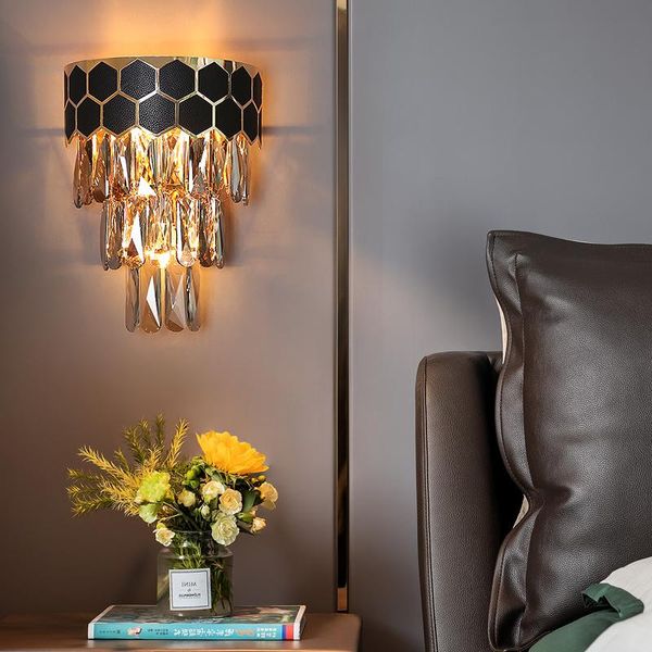 

new leather crystal lamp modern crystal wall lamp living room background wall light bedroom bedside light simple aisle led lamps