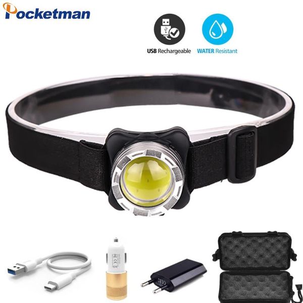 

pocketman cob led headlamp usb rechargeable headlight waterproof head lamp white red lighting with built-in battery