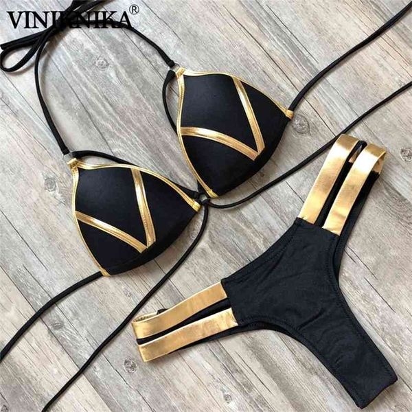 Costume da bagno fasciatura nero Costume da bagno sexy bikini brasiliano Push Up Costumi da bagno donna Micro bikini Taglie forti Costumi da bagno Oro lucido 210630