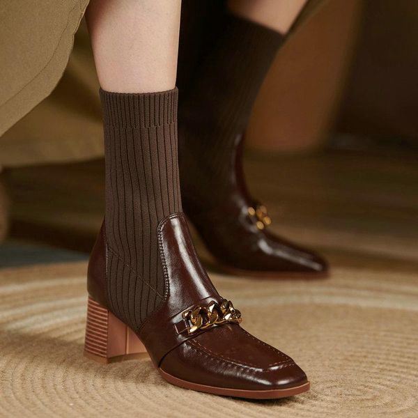 

boots fashion women's winter female genuine leather knitting high heels for women party wedding basic shoes woman, Black