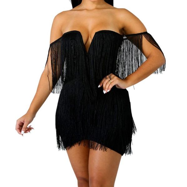 

casual dresses 2021 summer women bandage dress elegant club party v neck off shoulder tassel mini fringe vestidos, Black;gray