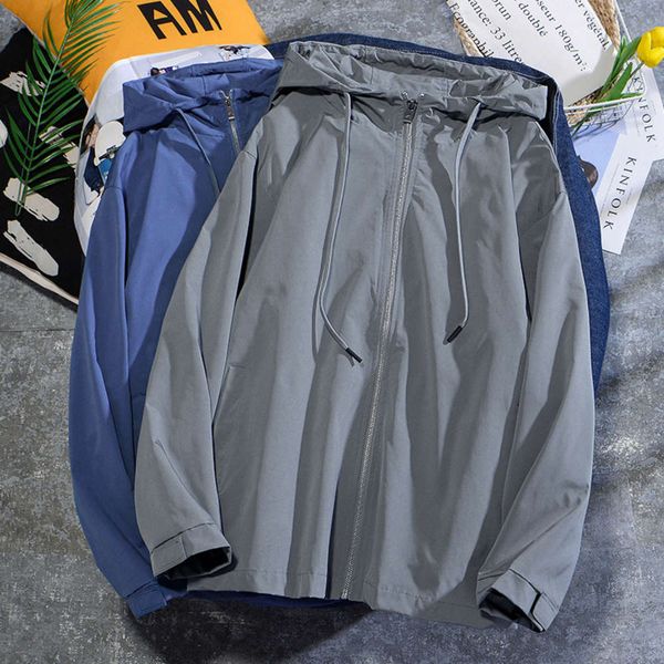 

2021 spring thin stand collar windbreaker solid color versatile loose zipper hooded coat for men, Tan;black