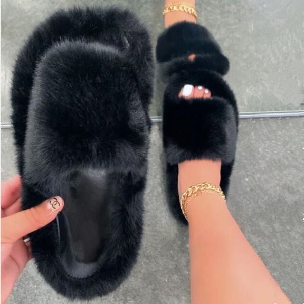 

2021 flat bottom non-slip durable flip flop ms sandals autumn/winter new women home warm fox fur soft and comfortable slippers oqav, Black