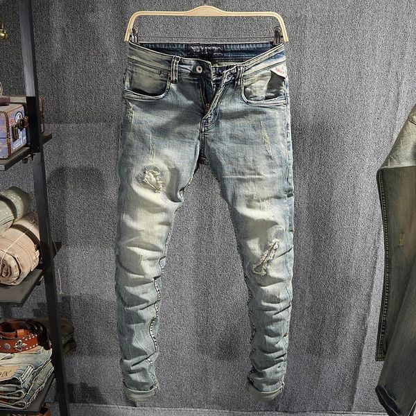 

men's jeans ly street vintage fashion men retro gray blue elastic slim fit ripped patchwork designer casual denim pants