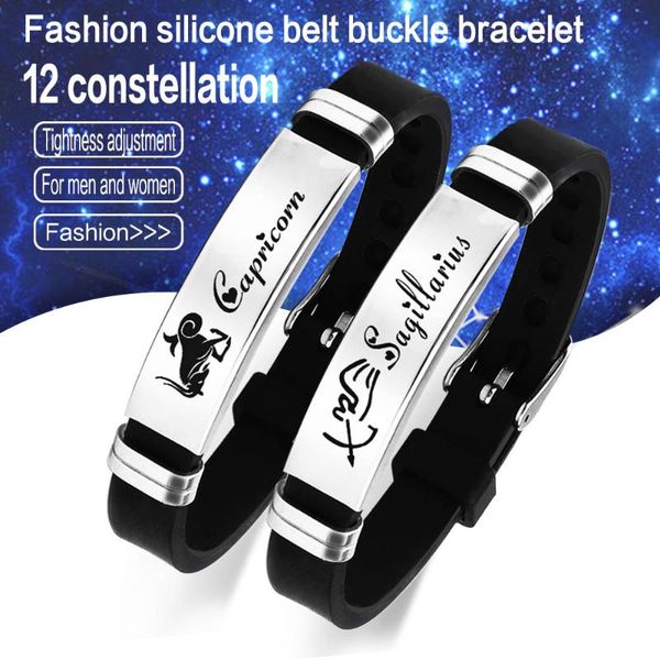 

bangle 12 constellation silicone bracelet fashion stainless steel lettering logo adjustable couple boys day gift jewelry, Black