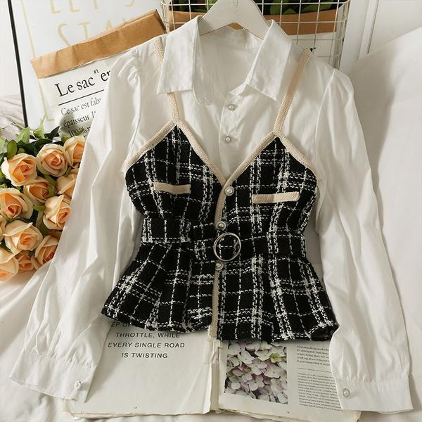 

women's vests korean retro stitching tweed fake two-piece shirt women autumn high waist straps slim-fit lapel long-sleeved elegant, Black;white