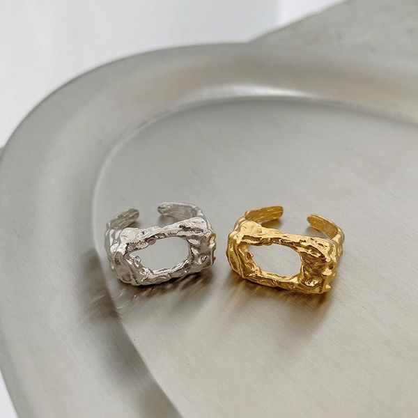 

cluster rings silvology 925 sterling silver irregular texture for women original design korea square openwork wide simple jewelry, Golden;silver