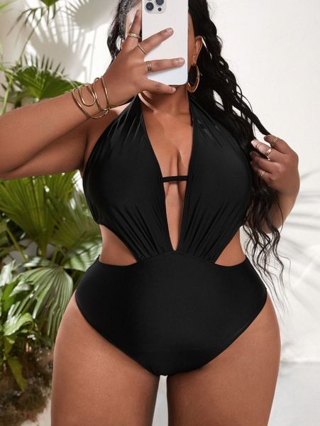 

plus cut out plunging one piece swimsuit v7os#, Black