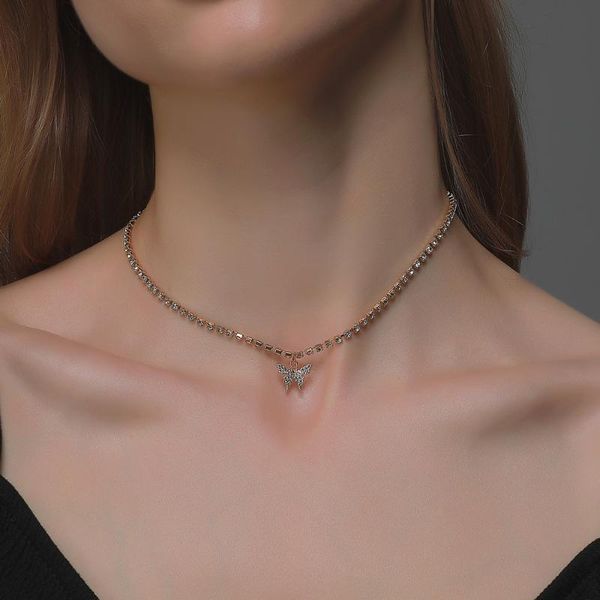 

zircon butterfly necklace for women short rhinestone clavicle chain pendant short necklace choker fashion trend jewelry new 2021, Golden;silver