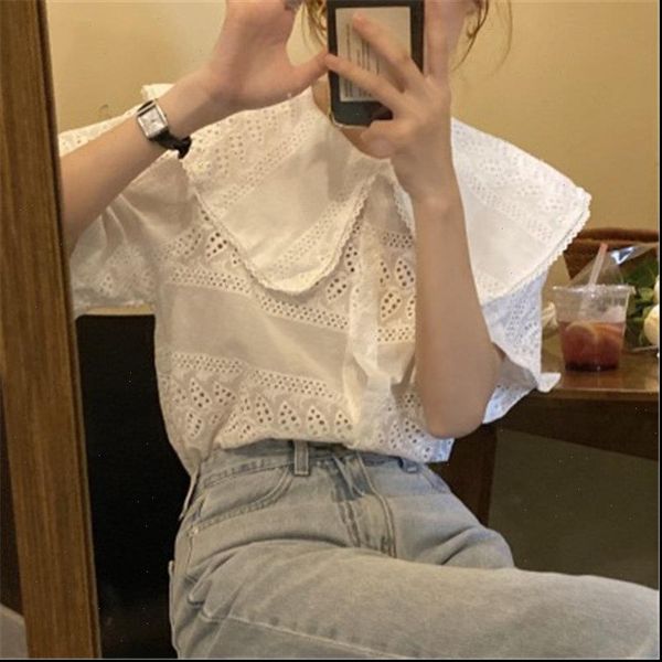 

sweet women casual delicate 2021 hook flowers peter pan collar all match loose ol chic fashion blouses, White