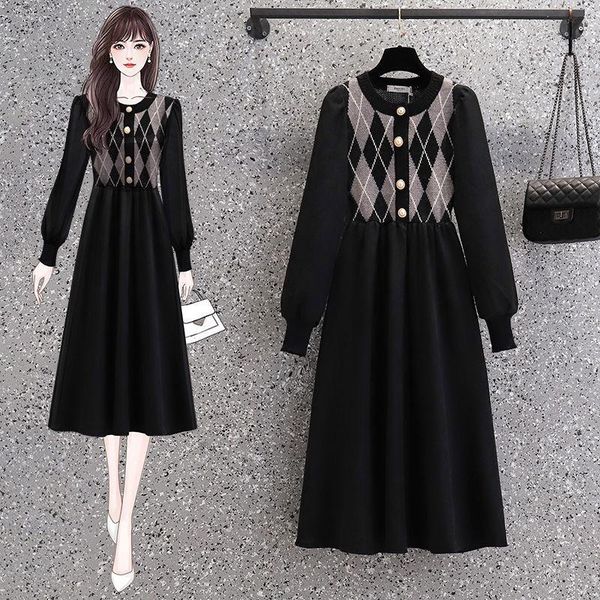 

casual dresses women 2022 autumn winter vintage elegant midi female patchwork knitted vestidos slim fashion retro corduroy dress c720, Black;gray