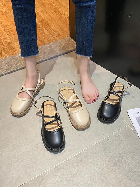 

sandals 2021 summer med luxury female shoe soft round toe medium fashion girls flat closed comfort retro beige pu scandals s, Black
