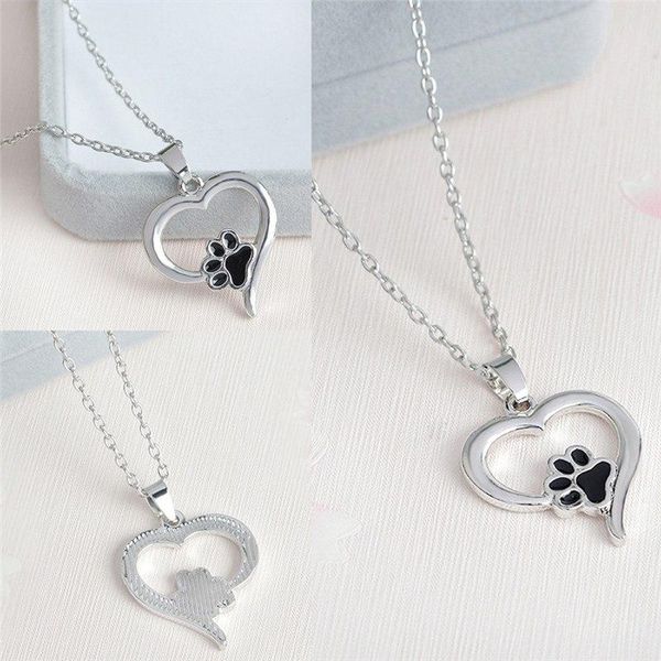 

chains 1pc pet lover puppy heart charm necklace girls hollow print necklaces cute animal dog cat memorial jewelry, Silver
