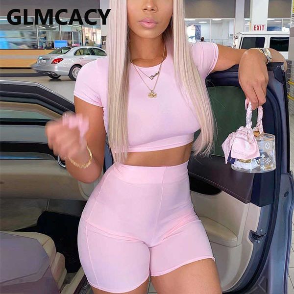 

casual solid two piece suits summer short sleeve crop t shirt & bodycon shorts set 210702, White