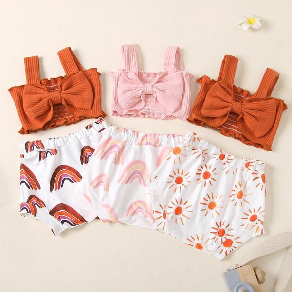 

clothing sets infant summer outfits born baby girls knitted vest +rainbow print high waist shorts cotton casual, White