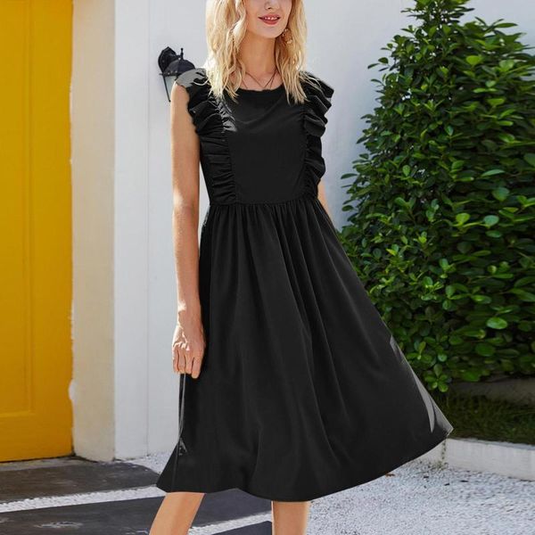 

casual dresses women summer dress ruffle sleeveless o neck a-line party loose black bohemian 2021 vestidos, Black;gray