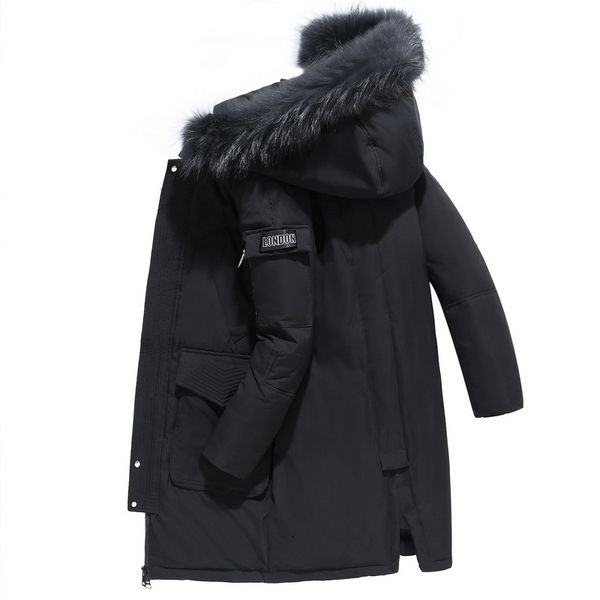 

-40 degree winter jacket men down white duck coat fashion hooded fur collar long thick warm chaqueta hombre, Black