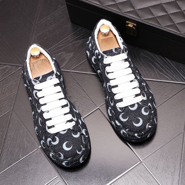 

spring dress embroid wedding shoes luxury thick bottom printing vulcanized men's casual sneakers fashion lace up sports loafers n47, Black