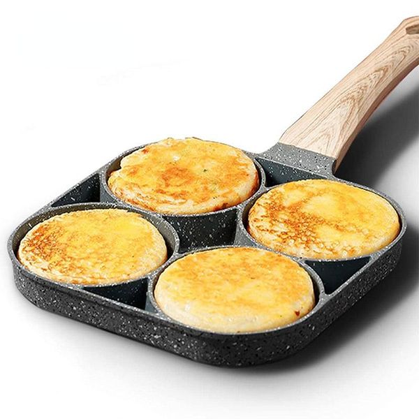 

pans 4 hole frying pan non stick breakfast burger egg pancake maker wooden handle stone four omelet