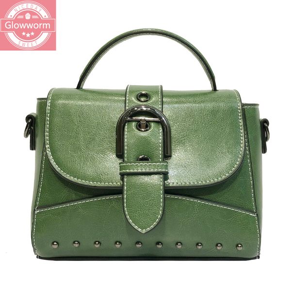 

genuine leather women handbag burnished leather female shoulder bag rivet fashion belt decoration luxury lady bag c0225