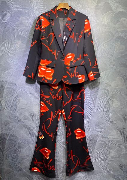 

10.10 2021 autumn winter fashion print notched single button long sleeve slim blazer or high waist flare pants set women women's two pi, White
