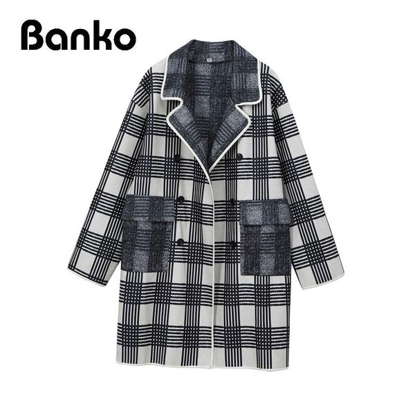

women's wool & blends winter 2021 long woolen coat women plaid sleeve double breasted loose fashion female trench elegant korean chic o, Black