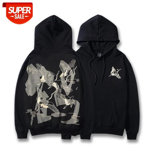 

new crane pattern embroidery printing design men's pullover hoodies casual male hooded sweatshrits chinoiserie #gp7z, Black