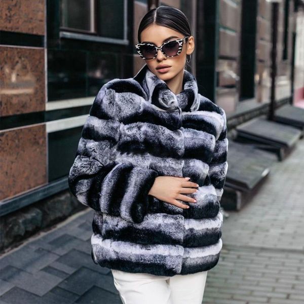 

women's fur & faux winter women natural rex jacket stand collar 2021 whole skin genuine coat outwear thick warm woman, Black