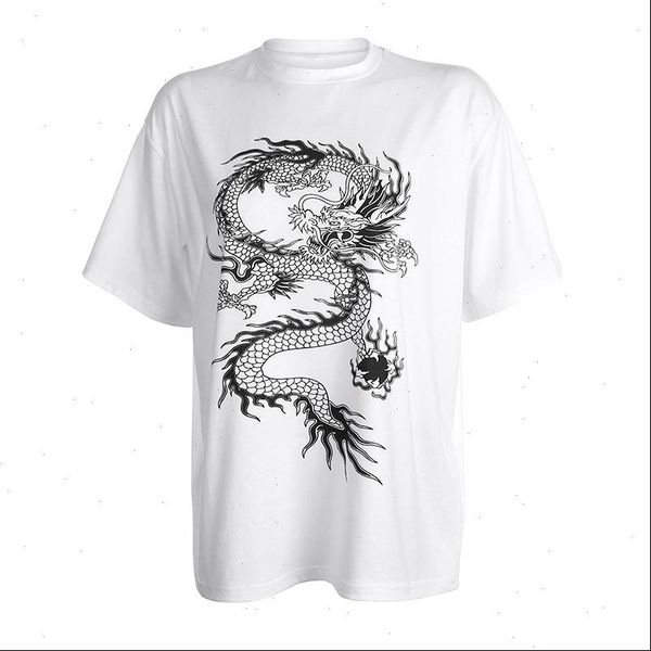 

womens t shirt dragon print casual t shirt ladys dragon print short sleeve t shirt lady harajuku streetwear, White