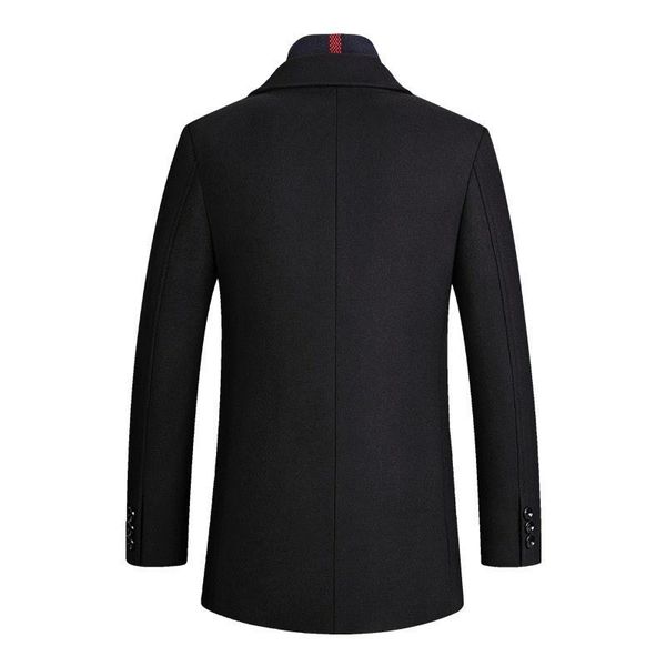 

men's wool & blends office winter men work slim fit woolen long coat thick cotton padded warm overcoat business man scarf collar, Black