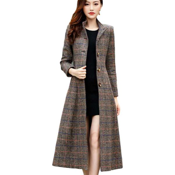 

casual a-line long plaid woolen clothes 2021 fashion women wool coats trench winter outerwear woman belt korean new, Black