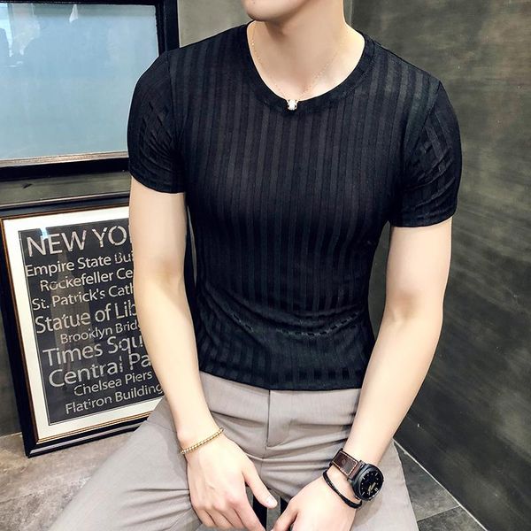 

men's t-shirts summer t-shirt korean slim trend round neck half-sleeved shirt solid color bottoming striped, White;black