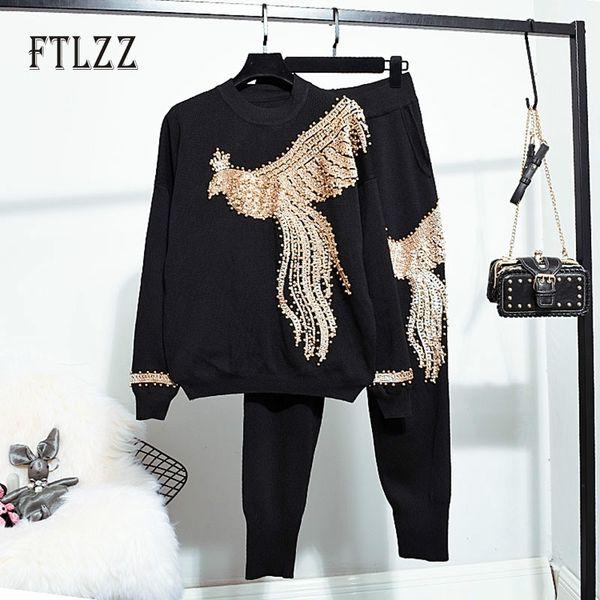 

autumn sportsuit women knitted 2 piece set fashion street phoenix pattern sequins nail beads sweater + pant woman tracksuits 210602, White