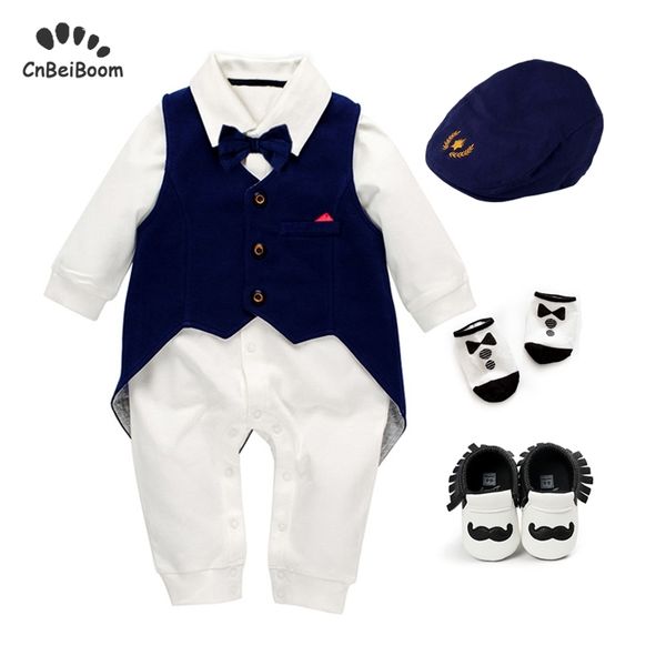 Baby Birthday Roupa Terno para Roupa de Meninos 100% Algodão Macacão Vest Tuxedo Sapatos + Meias + Chapéus 5 pcs Conjuntos de roupas Casamento 210309