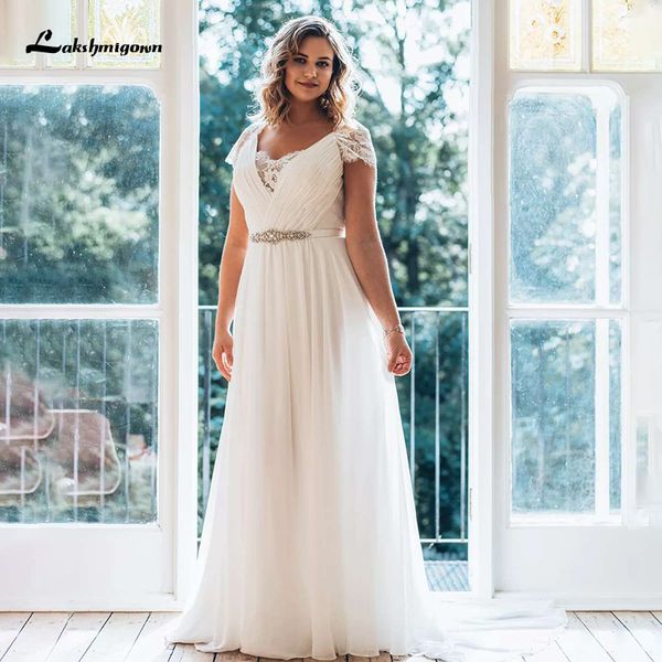 

2021 new plus size wedding es with beaded lace appliques floor length beach simple a-line chiffon white bridal gowns robe de mariee q7fz