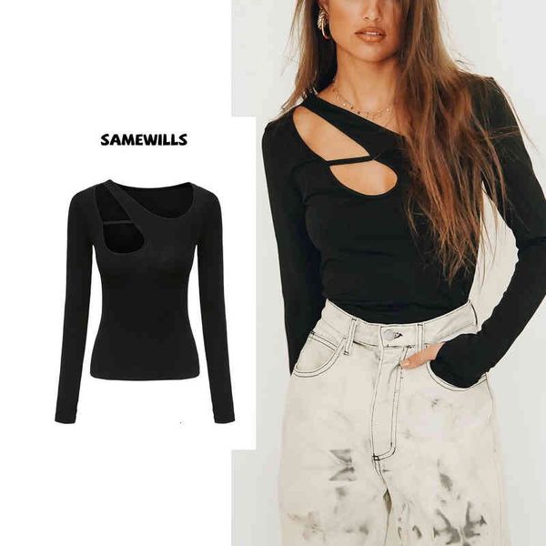

women's t-shirt irregular hollow off shoulder crew neck t-shirt slim fit collarbone t spice girl solid long sleeve pullover black botto, White