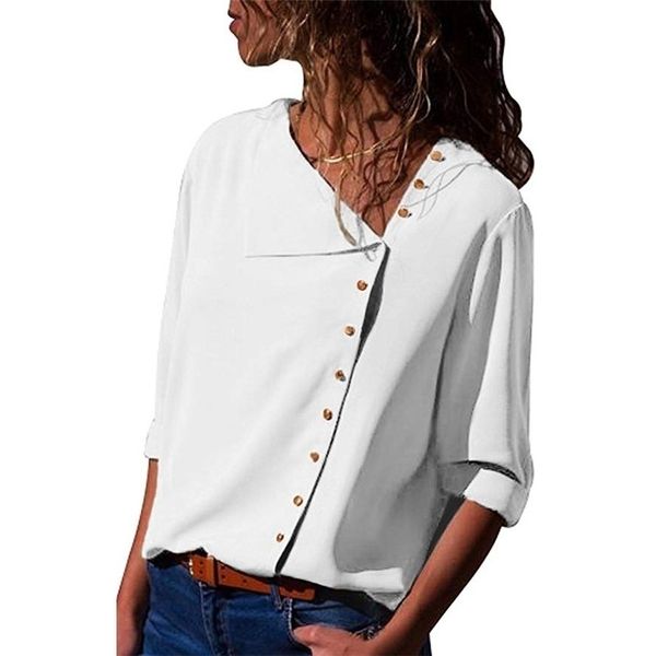 

blouse shirt female chiffon irregular turn-down collar solid office work blouse women plus size lady shirt blouse 210315, White