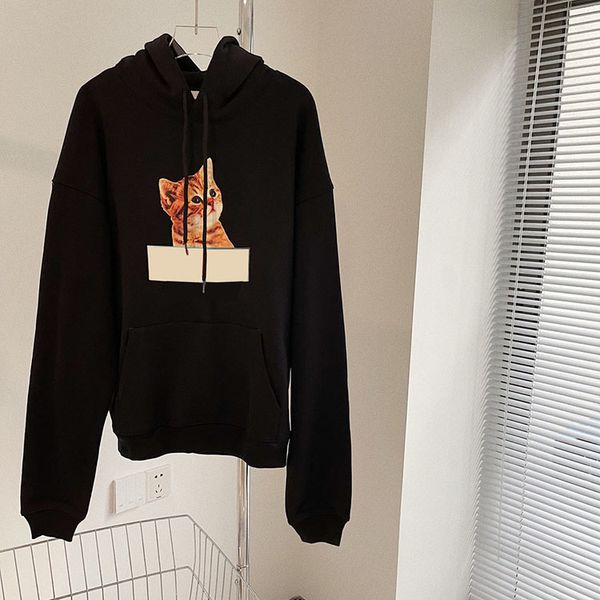 

2021 autumn new , high street all-match dark black men and women with the same style, fun kitty print hooded sweater xqnm724 1013