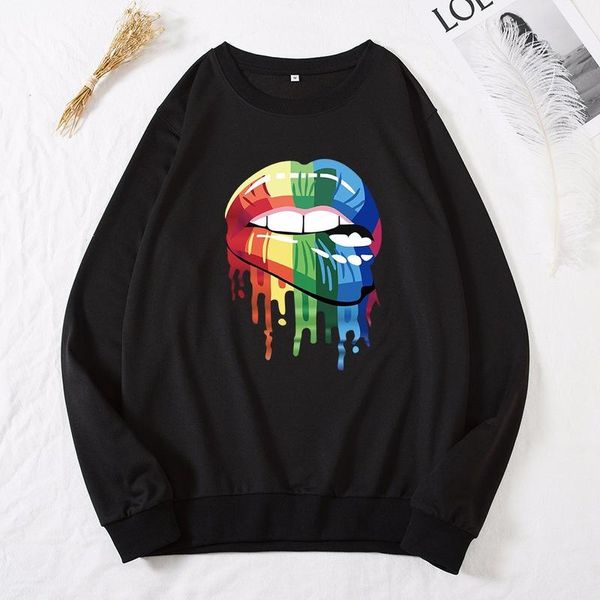 

women's hoodies & sweatshirts women hoodie cotton oversized pullover casual plus size o-neck long sleeve colorful lips print female swe, Black
