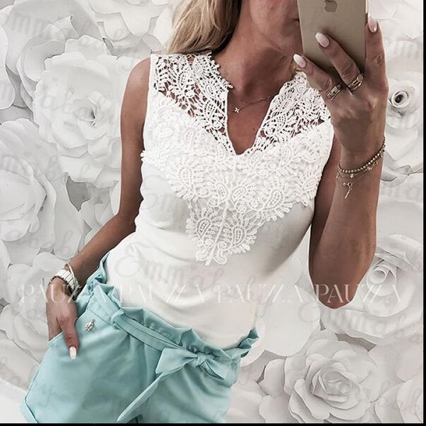 

summer sleeveless lace women blouse slim casual vest v neck shirt female white tees shirts