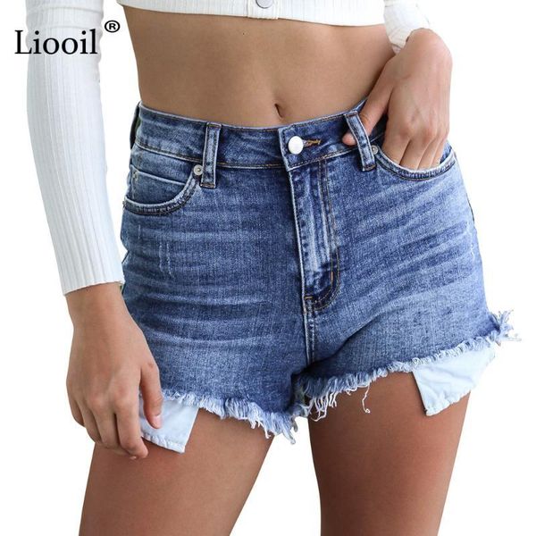 

liooil blue plus size shorts women casual 2021 summer cotton rave jean short fashion mid waist pocket tassel denim shorts