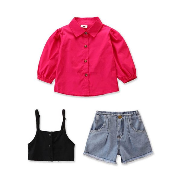 

kids clothing sets girls outfits baby clothes children children's spring and autumn long sleeve shirt sling jeans three-piece b9401, White
