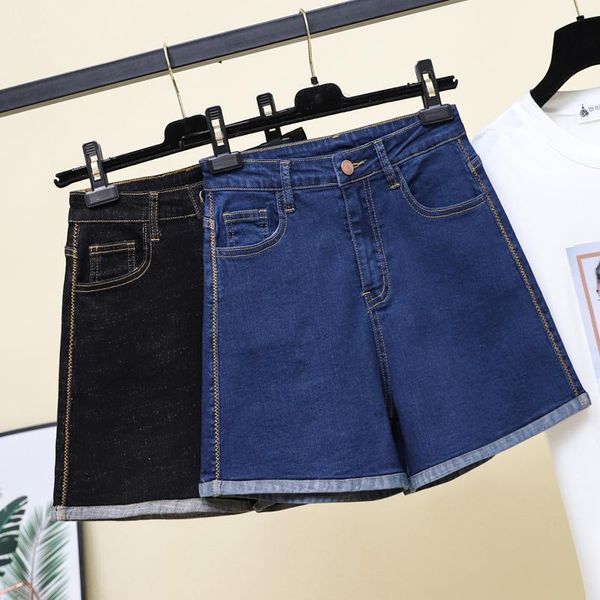 

women's shorts summer 2021 large size flanging high-waist elastic jeans fat girls thin broad-legged pants, White;black