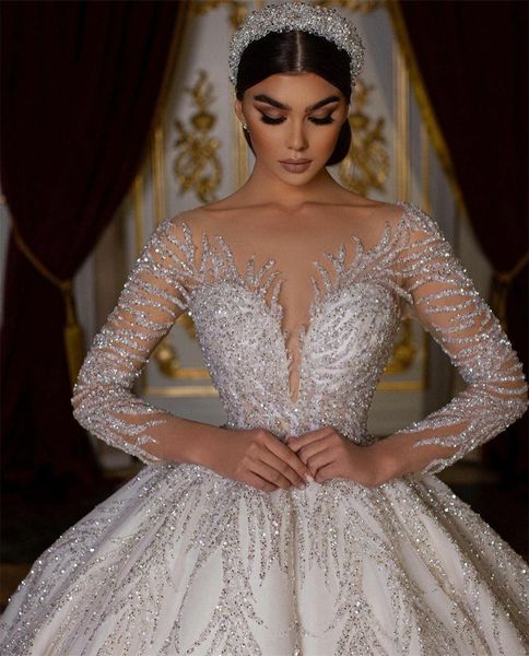 Glitter desencadear vestido de noiva contas lantejoulas mangas compridas vestidos nupciais chão comprimento sem encosto uma linha de cristal robe de mariee